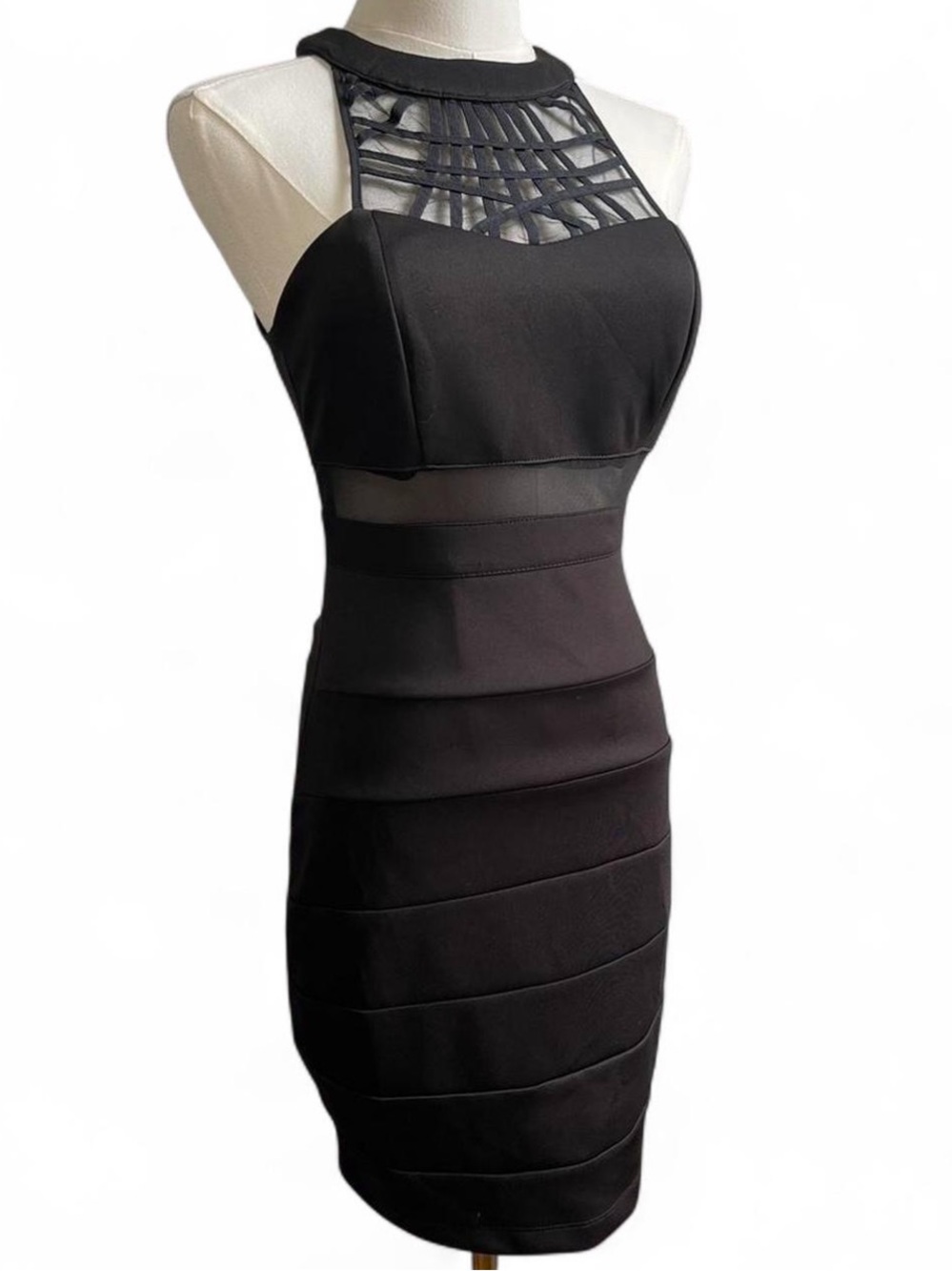 Black Gothic Cage Neck Mesh Illusion Ruched Bodycon Mini Dress Honey N Rosie
